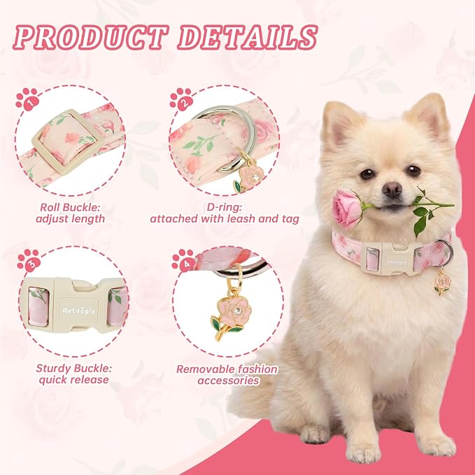 Spring Summer Dog Collar with Pink Rose,Adjustable Cotton Puppy Collars for Small Medium Large Dogs, Cute Girl or Boy Dog Collar Ideal for Gifts,Pet Accessory,S