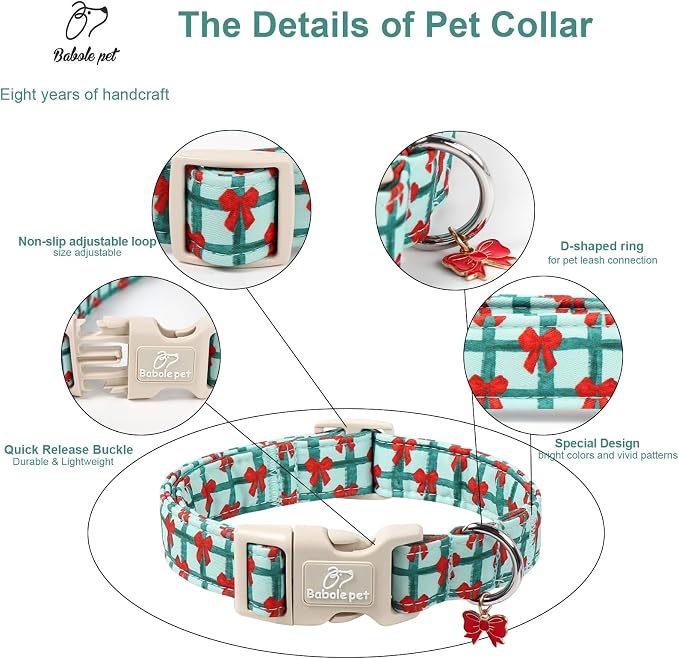 Christmas Dog Collar for Small Dogs - Cute Festive Plaid with Red Bow Christmas Collars for Dogs, Soft Adjustable New Year Dog Collars with Quick Release Buckle S