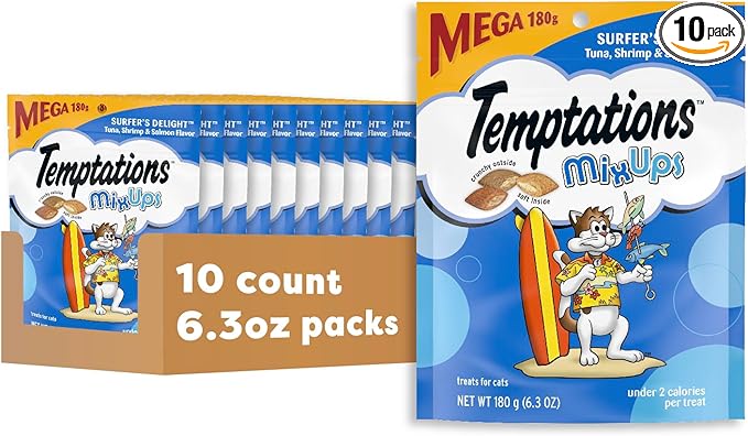 Temptations Cat Treats MixUps Surfer's Delight, Tuna, Shrimp, Salmon Flavor, Crunchy and Soft Cat Treats, 6.3 oz. Pouch (Pack of 10)