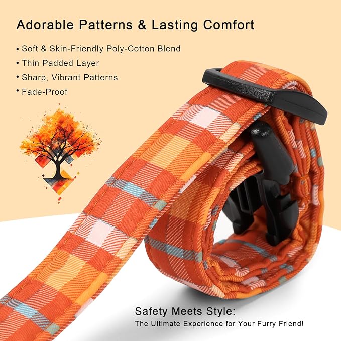 Fall Dog Collar Cute Orange Plaid Puppy Collar - Light Comfortable Adjustable Pet Collars for Small Medium Large Girl Boy Dogs S