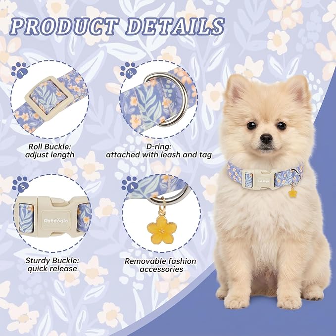 Floral Dog Collar,Blue Flower Printed Adjustable Cotton Puppy Dog Collar for Medium Dogs,Cute Girl Boy Dog Collar Ideal Daily Use,M