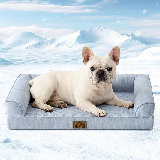 COZY KISS Cooling Dog Bed for Small Dogs, 30"x20" Orthopedic Foam Sofa with Bolster Sides, Q-Max >0.4 Cooling Technology, Cool Pet Bed with Removable Washable Cover, Blue