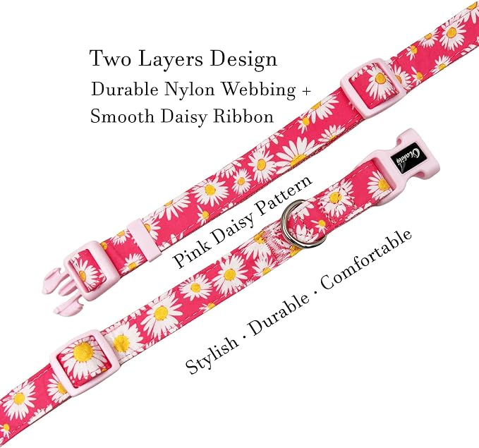 Dog Collar Leash Set, Floral Pattern, Nylon Webbing Plus Cotton Ribbon, 5ft Matching Leash, for Small Dogs.(S, Pink Daisy)