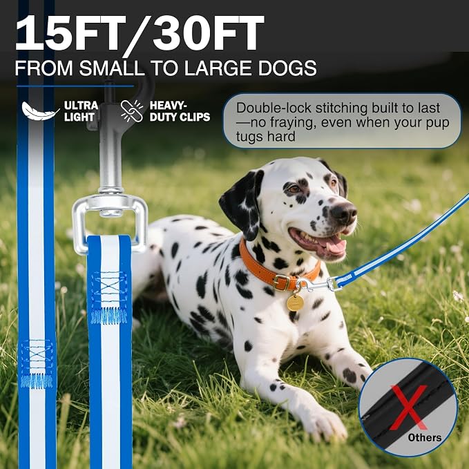 Waterproof Long Dog Leash 30FT, Heavy Duty Recall Training Lead with Non-Slip Padded Handle&Reflective Threads, Durable Long Line for Large Medium Dogs, Outdoor Hiking Camping Beach Swimming