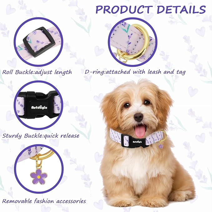 Dog Collar for Extra Small Dogs, Spring Purple Dog Collars with Flowers Pattern, Adjustable Cotton Dog Collars, Cute Girl or Boy Dog Collar Ideal for Gifts,Pet Accessory