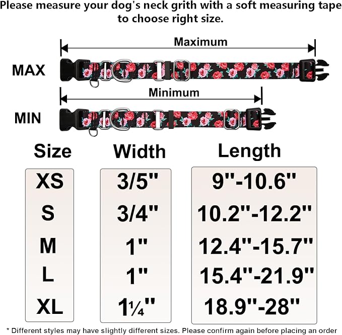 Martingale Collar for Dogs Pink Floral Dog Collar for Large Dogs with Buckle Girl Female Soft Nylon Dog Collars (Black Pink Rose, L)
