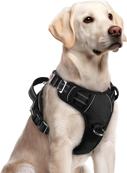 rabbitgoo Dog Harness for Large Dogs, 3 Buckles Easy On & Off No Pull Pet Vest, Soft Padded Walking Pet Harness with Control Handle, Adjustable and Reflective, Black, L