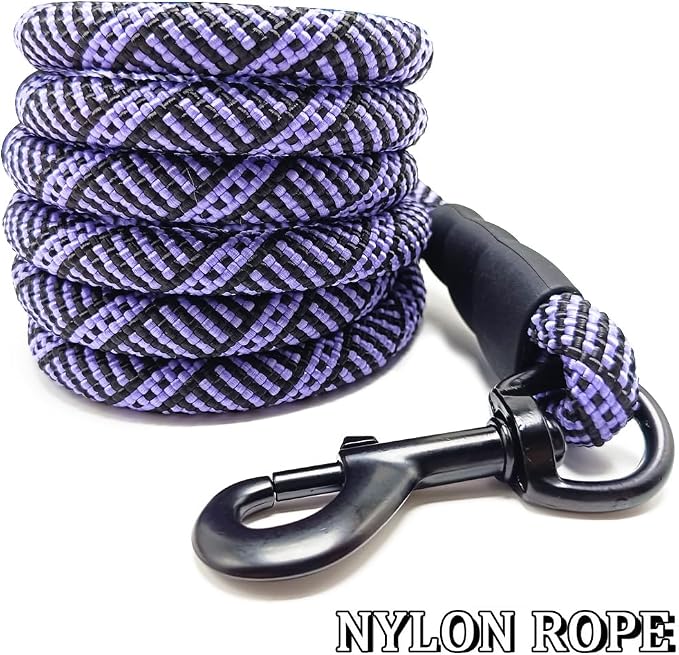 MayPaw Heavy Duty Rope Dog Leash, 6/8/10 FT Nylon Pet Leash, Soft Padded Handle Thick Lead Leashes for Large Medium Dogs (Purple Black, 1/2" * 10')