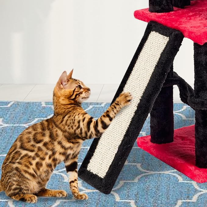 Gothic Cut Cat Tree with Coffin Bed for Indoor Cats Cat Tower with Scratching Post Modern Activity House for Large Cats Condo with Board Kittens Cave Hammock Hanging Ball RED Black