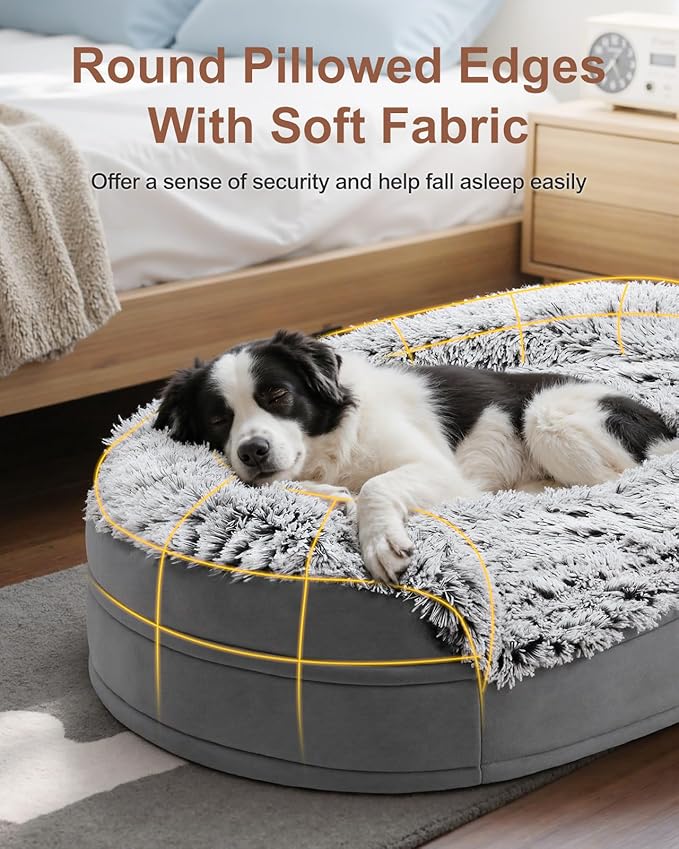 iweepet Fluffy Claiming Jumbo Orthopedic Dog Beds for Extra Large Dogs, Supportive Dog Sofa Bed with 3.7 inch 28D Egg-Crate Foam, Removable Washable Plush Cover, Waterproof Lining, 48’’,Grey