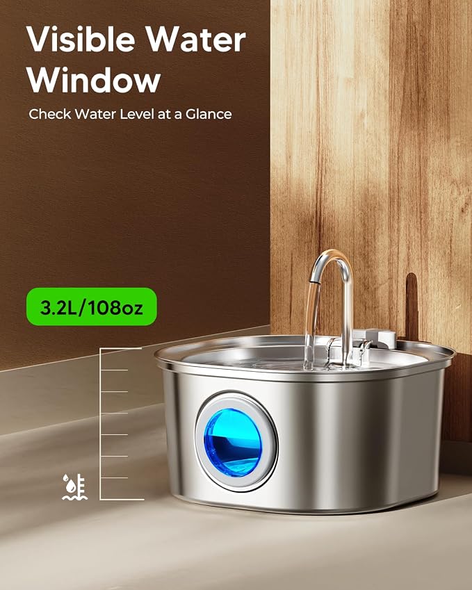 PEKTACO Stainless Steel Cat Water Fountain, 3.2L/108oz Cat Water Dispenser with Quiet Water Pump, Dishwasher Safe Pet Drinking Fountain for Cats