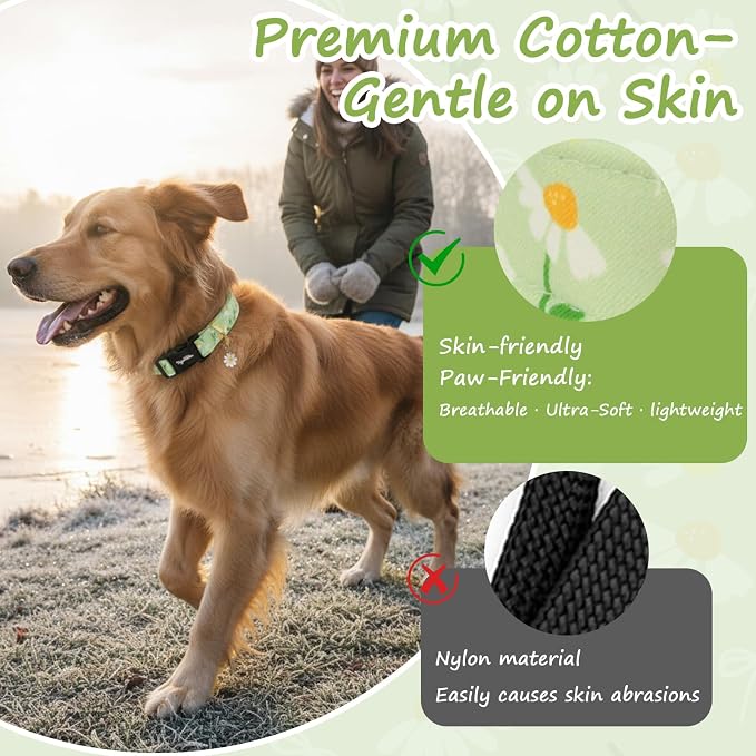 Dog Collar with Daisy Patterns, Spring Summer Collection Green Dog Collar with Exquisite Pendant, Durable Adjustable Collars for Gifts & Daily Use-XS