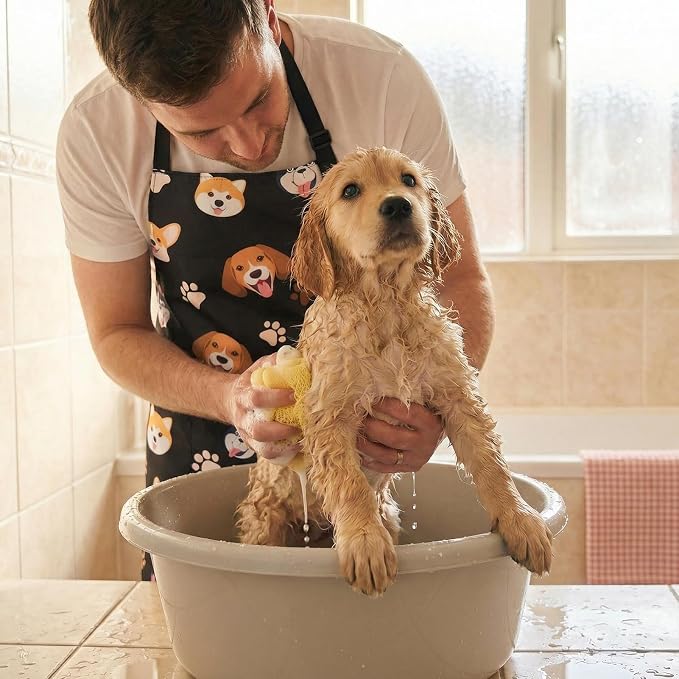 Dog Grooming Waterproof Apron with 2 Pockets, Cute Animals Puppy Dog Pets Apron