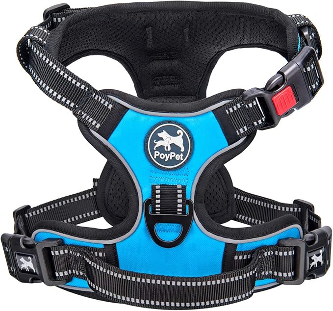 PoyPet Dog Harness No Pull, Reflective Adjustable No Choke Pet Vest with Front & Back Clips, Soft Padded and Control Training Handle for Large Dogs(Blue,XL)