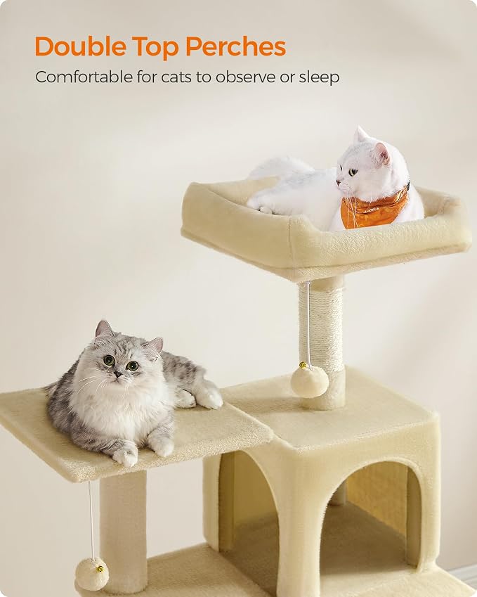 Feandrea Cat Tree, 54.2-Inch Cat Tower, Plush Multi-Level Condo with 4 Scratching Posts, 2 Perches, Hammock, Cave, Beige UPCT161M01
