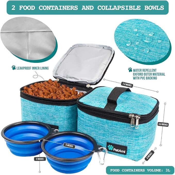 PetAmi Dog Travel Bag Organizer, Pet Travel Kit with 2 Food Containers & 2 Collapsible Dog Bowls, Pet Supplies Tote with Luggage Sleeve, Weekend Road Trip Camping Essentials, Teal Blue, Medium