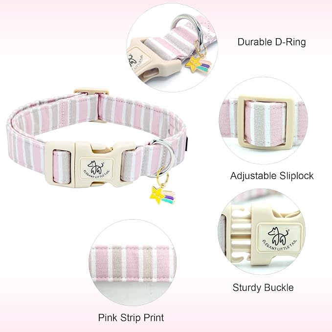 Elegant little tail Dog Collar, Cute Pink Strip Pattern Pet Collars Soft Girl or Boy Adjustable Cotton Puppy Collar with Quick Release Buckle for Medium Dogs