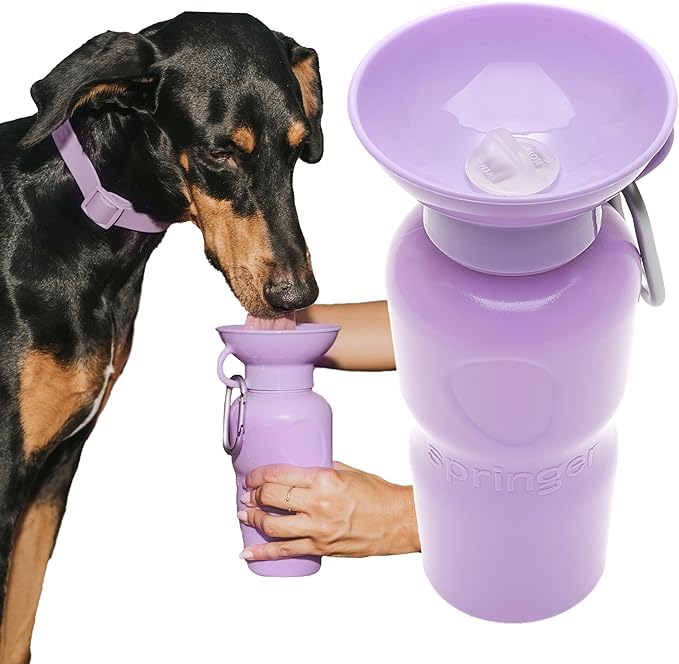 Springer Dog Water Bottle | Portable Travel Drinking Feeder Dispenser for Dogs & Puppies | As Seen on Shark Tank | Leak-Proof Bowl | BPA-Free | Outdoor Walking, Hiking & Travel | 22oz Lilac