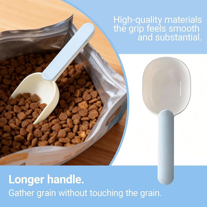 Pet Food Scoop,Cat Food Measuring Cups,Comfortable Long Handle Scoop for Dog,Cat,Ferret and Rabbit Food,Easy-Clean Food Scoop,1 Cup Size Pet Food Feeding Scoop Dishwasher Safe(Blue White)