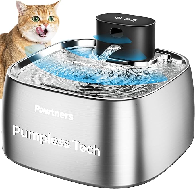 Pumpless Cat Water Fountain Stainless Steel, Automatic Cordless Cats and Dogs Water Dispenser 108oz/3.2L, Pawtners Pet Fountain with Smart Indicator &150° Motion Sensor