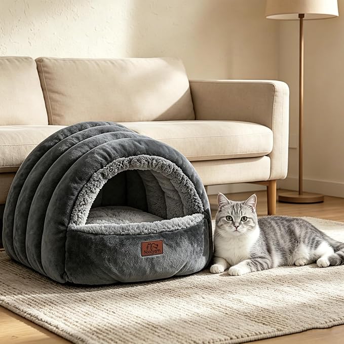 Covered Cat Bed Cave for Indoor Cats, 2-in-1 Enclosed Pet Bed for Kittens with Zippered Washable Cat Mats, Cat House Bed, Dark Grey