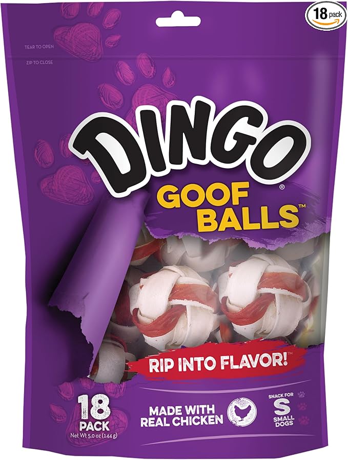 Dingo Goofballs for Dogs, Rawhide Chews Made with Real Chicken for Small Breeds 18-Count