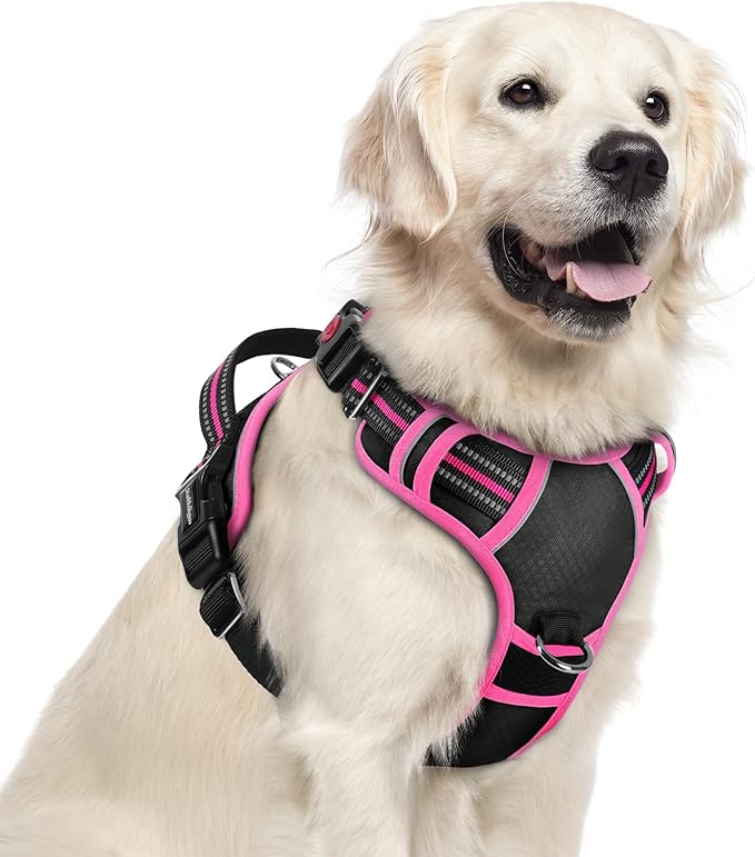 rabbitgoo Dog Harness for Large Dogs, 3 Buckles Easy On & Off No Pull Pet Vest, Soft Padded Walking Pet Harness with Control Handle, Adjustable and Reflective, Black & Rose Pink, XL