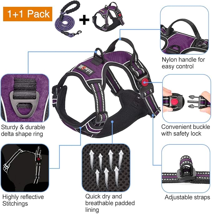 tobeDRI No Pull Dog Harness Adjustable Reflective Oxford Easy Control Medium Large Dog Harness with A Free Heavy Duty 5ft Dog Leash