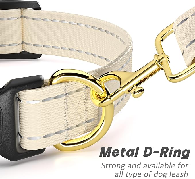 Reflective Dog Collar for Large Dogs, Cute Adjustable Heavy-Duty Nylon Puppy Collars for Boy and Girl Female, Soft Pet Accessories with Quick Release Buckle, Neck 16-24", Beige