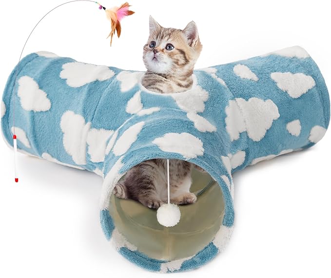 Tempcore Flannel Cat Tunnel for Indoor Cats, 3 Way Collapsible Pet Play Tunnel with Teaser Wand, Peek Holes & Hanging Ball, Interactive Tube for Kittens & Rabbits, Blue Cloud