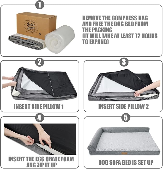 Patas Lague Orthopedic XL Dog Bed Large Sized Dog 48''X30'', Waterproof L Bolster Big Large Pet Sofa Beds with Removable Washable Cover, Soft Pet Couch Crate Mat with Nonskid Bottom, Grey