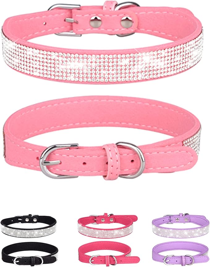 Dog Collar for Small Dogs, Adjustable Leather Suede Bling Dog Collars，Pink Dog Collar Cat Collar, Rhinestone Dog Collar