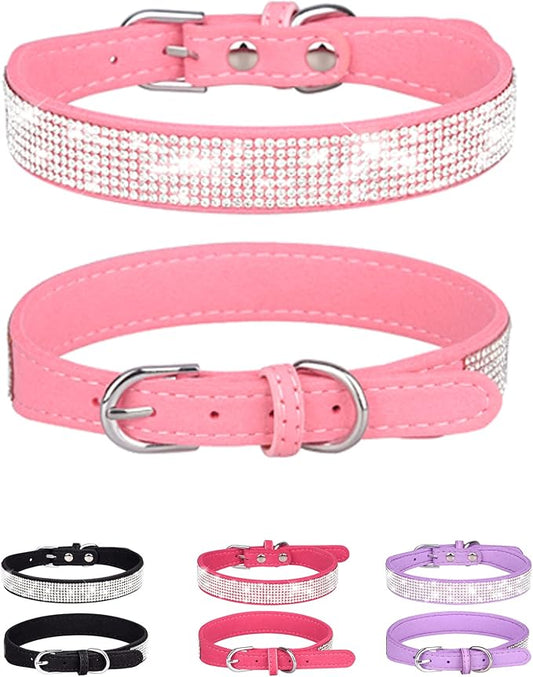 Dog Collar for Small Dogs, Adjustable Leather Suede Bling Dog Collars，Pink Dog Collar Cat Collar, Rhinestone Dog Collar
