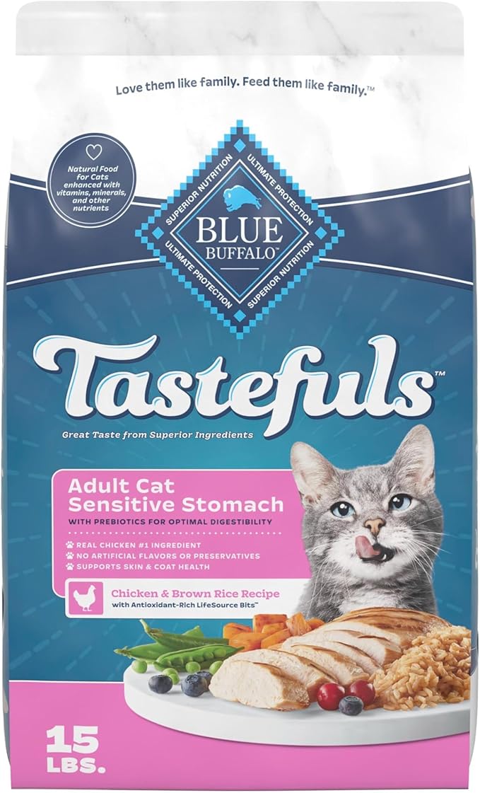 Blue Buffalo Tastefuls Chicken & Brown Rice Recipe Sensitive Stomach Adult Dry Cat Food, Real Chicken First, Deliciously Healthy Natural Cat Food, Natural Ingredients, Supports Digestion, 15-lb Bag
