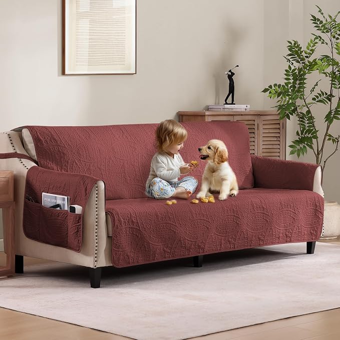 Quilted Grand Sofa Covers Washable, Couch Cover for Grand Sofa, Soft Cozy Couch Protector for 4 Cushion Couch, Oversized Grand Sofa Slipcovers Water-Repellent (Grand Sofa 88", Red)