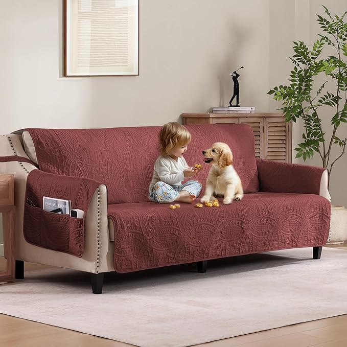 Quilted Grand Sofa Covers for 4 Cushion Couch, Couch Cover for Grand Sofa Washable, Soft Cozy Couch Protector, Oversized Grand Sofa Slipcovers Water-Repellent (Grand Sofa 98", Red)