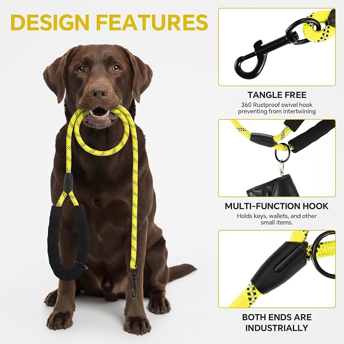 Heavy Duty Dog Leash - 4.9 FT for Large and Small Dogs - Strong Nylon, Comfortable Handle, Reflective Stitching - Ideal for Walking, Training, and Outdoor Activities, Yellow