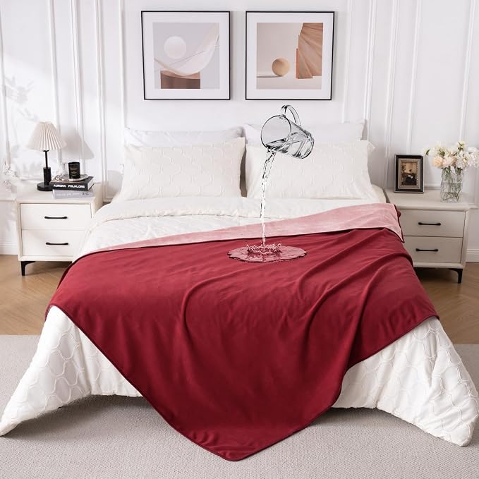 QiyI Waterproof Blanket for Bed Queen Size, Reversible Washable Pet-Friendly Flannel Throw Blanket, Leakproof Stain-Resistant Furniture Protector for Travel & Camping, 60"x80", Burgundy/Pink