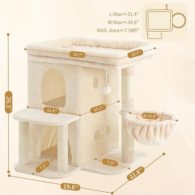 Heybly Cat Tree, 26.3-inch Cat Tower with Spacious Top Perch for Large Cats, Stair-Style Cat House Furniture with Dual-Layer Condos, Sisal Scratching Posts, Cozy Basket & Pompom, Beige HCT204SM