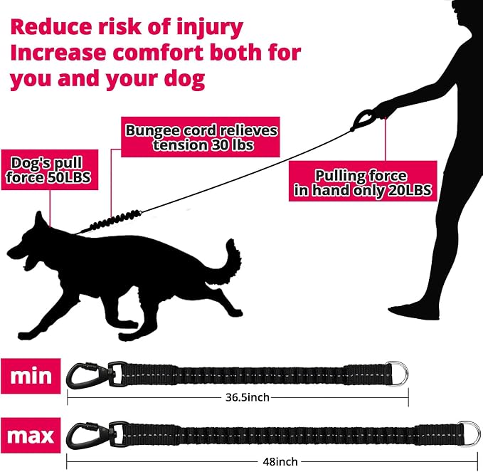 Rope Dog Leash 6 FT: Heavy Duty Leashes with Swivel Lockable Hook Reflective Threads Bungee and Padded Handle - Dog Lead for Large Small Medium Dogs Outside Walking Hiking Pink