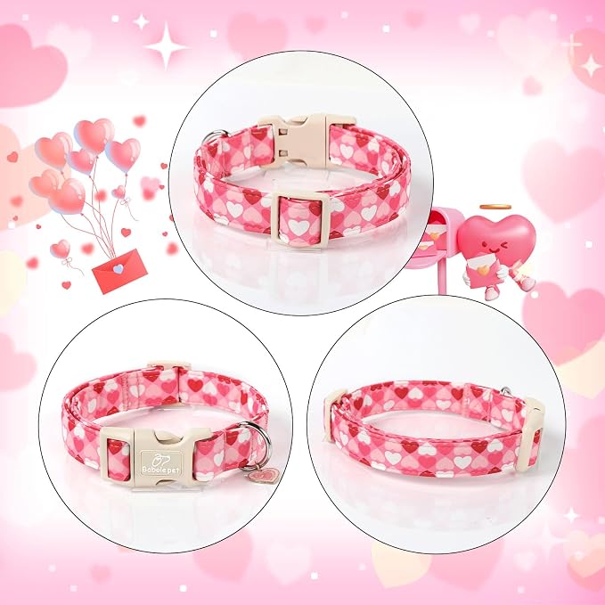 Valentines Dog Collar for Small Dogs - Cute Valentine Pink Hearts Girl Dog Collars, Adjustable Girly Puppy Collar with Quick Release Buckle for Female Dogs S