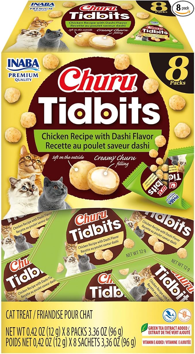 INABA Churu Tidbits for Cats, Soft & Chewy Churu Filled, Baked Chicken Cat Treats with Taurine & Green Tea Extract, 0.42oz per Pack, 8 Packs Total, Chicken with Dashi Flavor Recipe