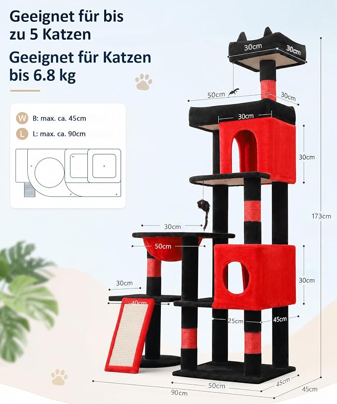 68 Inches Heavy Duty Cat Tree for Indoor Cat, Big Cat Tower with Sisal Scratching Posts and Top Perch, Large Platform for Adult Cats, PMT02RD, Black Red