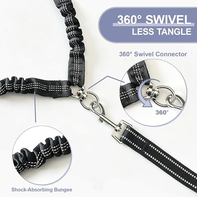 Double Dog Leash for Two Dogs, Complete Set with 31.5" Main Leash + Adjustable Splitter, Padded Handle, D-Ring, 360° Swivel, Shock-Absorbing Bungee, Reflective for Small Medium Large Dogs (Black)
