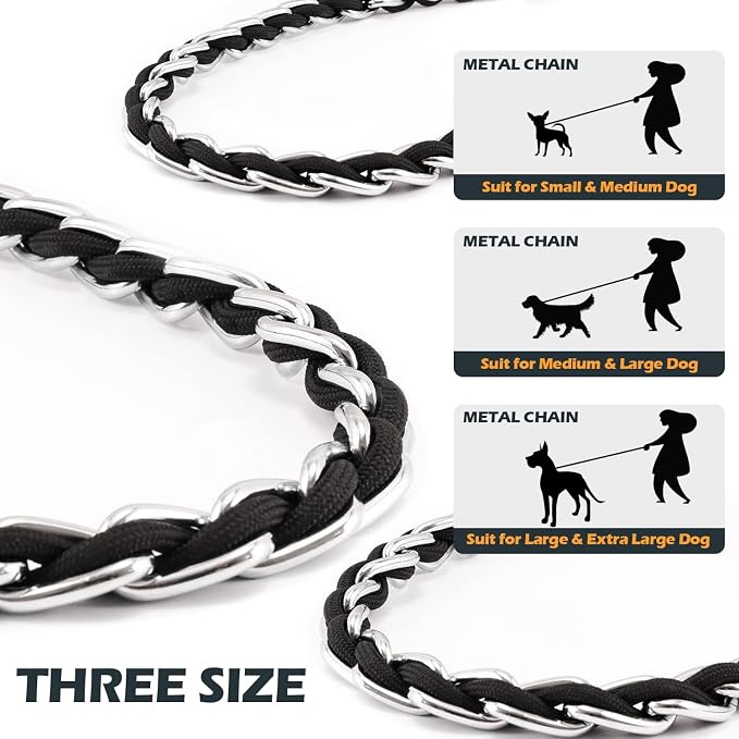 Chain Dog Leash Chew Proof Metal Leash for Medium Large Dogs, Chain Link Dog Leash Anti Chew 5.2FT Strong Anti Bite Dog Leash Comfortable Soft Padded Handle Black 3.0