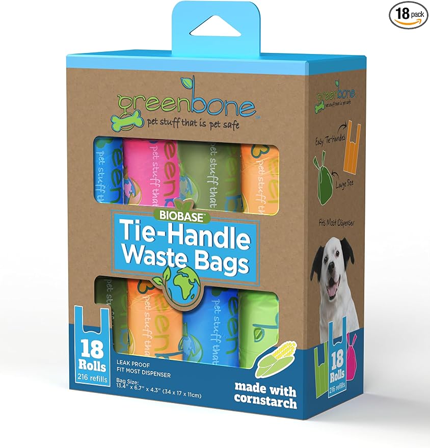 Greenbone BioBase Cat or Dog Poop Bags with Handles Tie, 18 Dispenser Rolls - 216 Bags- Large Leak Proof- Pink, Green, Orange, Blue Variety