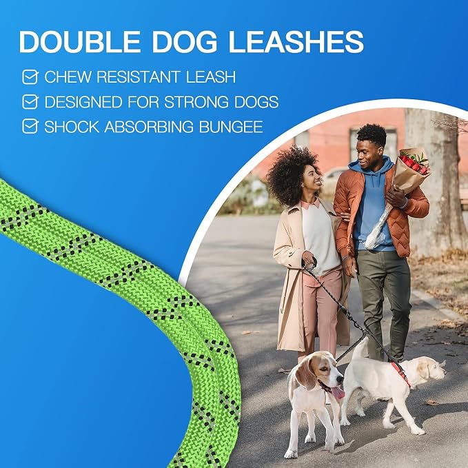 MingXpets Double Dog Leash - 360 Swivel, Tangle-Free Bungee Walking & Training Leash for Large & Medium Dogs, Shock Absorbing, Reflective, 18-120 lbs, Green