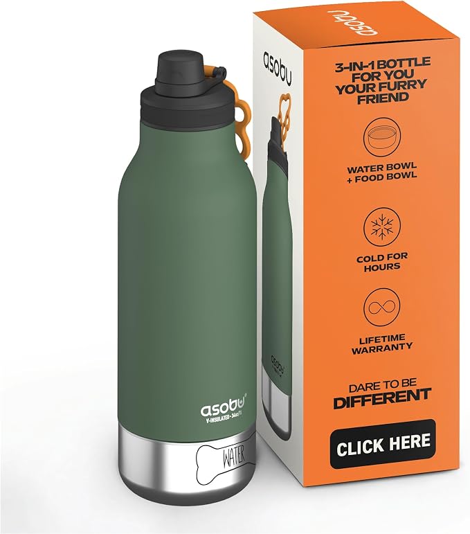 asobu Dog Barky Bottle – Insulated Stainless Steel Water Bottle with 2 Removable Dog Bowls for Food, Treats & Water – Pet-Friendly Travel Bottle for Hiking, Road Trips & Outdoor Adventures