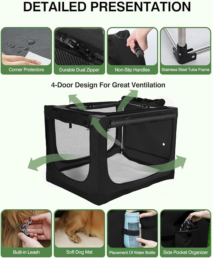 Veraste 24" L x 17" W x 17" H Collapsible Travel Dog Crate, Portable Soft Dog Kennel for Small Medium Pets up to 30 lbs, 4-Door Foldable Travel Crate with Durable Mesh & Storage Bag, Black