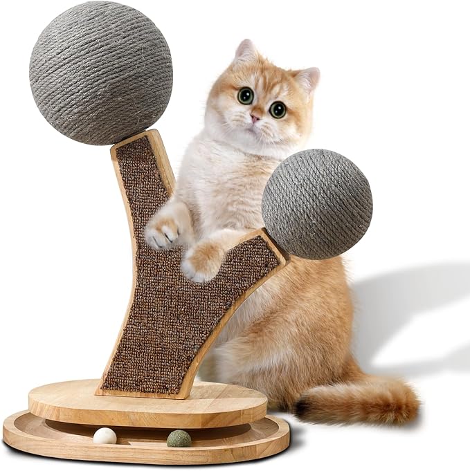 Cat Tree Cat Scratching Post with Vertical Cat Scratcher, Interactive Toy Balls, Handmade Cat Furniture with Natural Materials, Cute Kitten Scratch Post, Easy-to-Clean